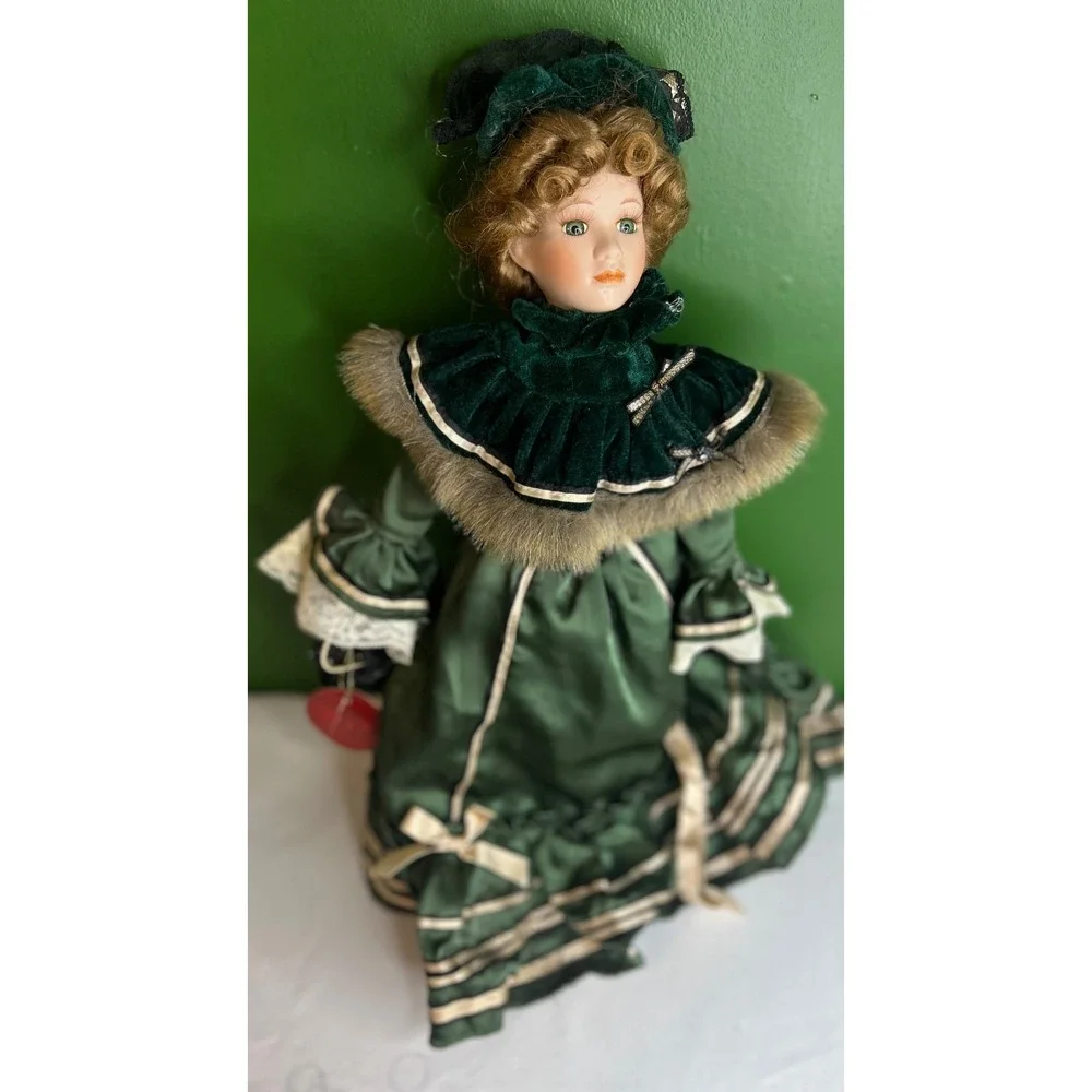 Marie Porcelain of the Past Collection Consoled Doll Green Victorian Dress 16in